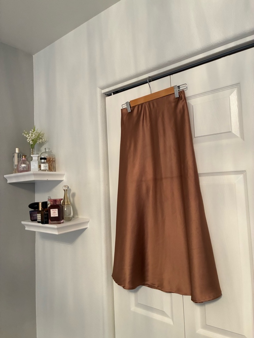 Satin Midi Skirt in Warm Brown